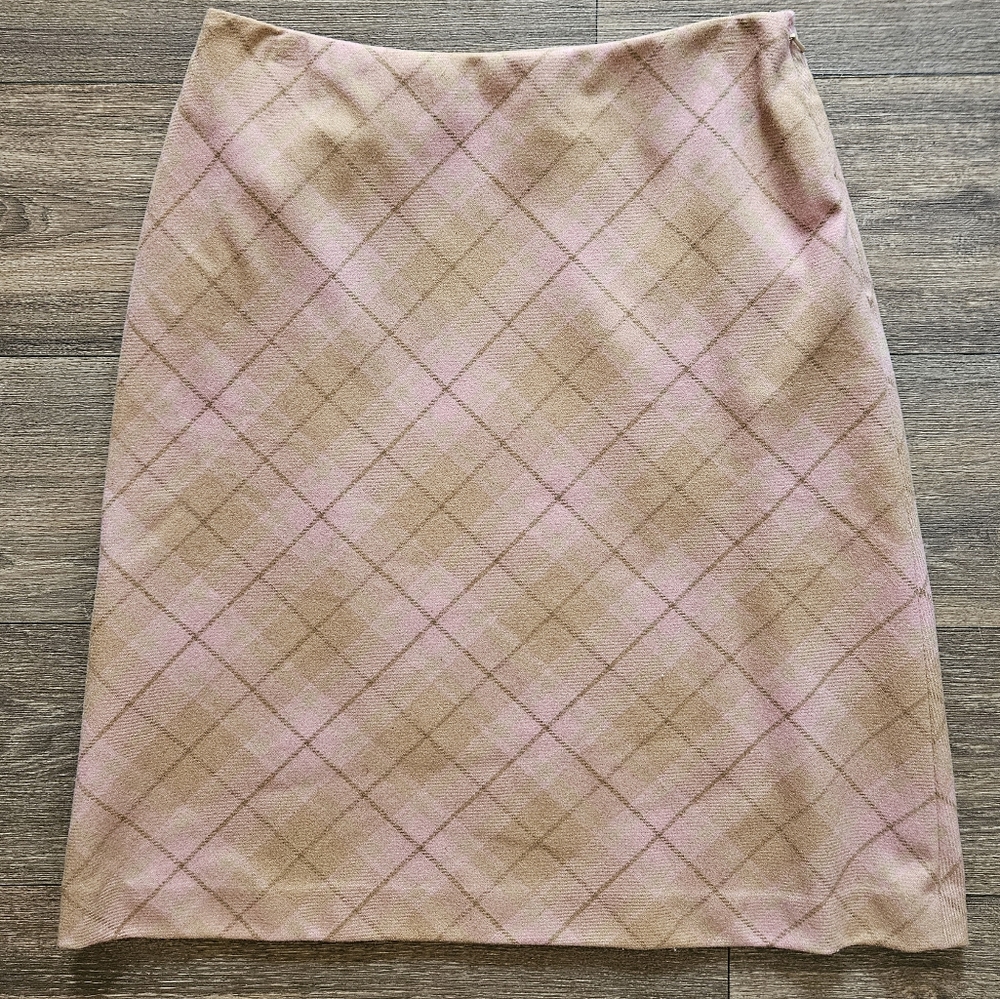 Ann Taylor Loft tan and pink wool blend plaid skirt